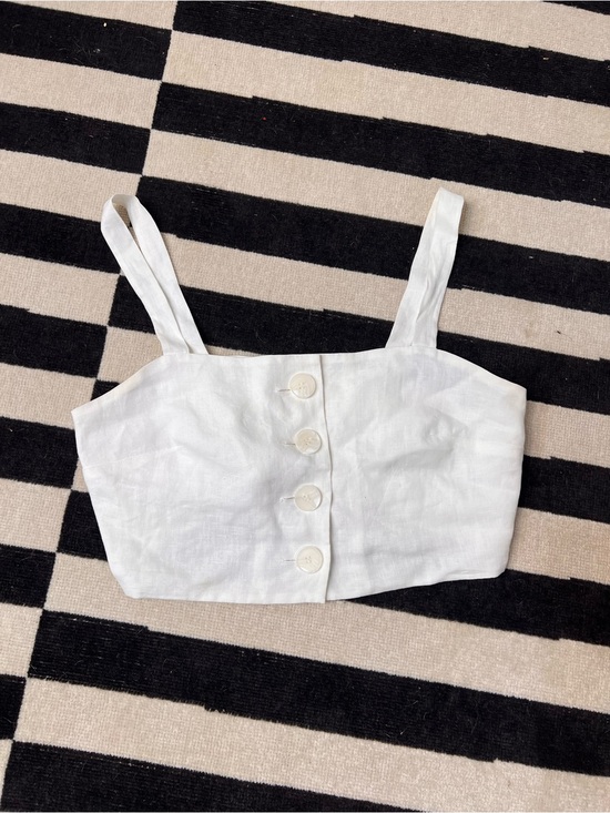 WHIT Tops - WHIT White Linen-Blend Cropped Button Tank